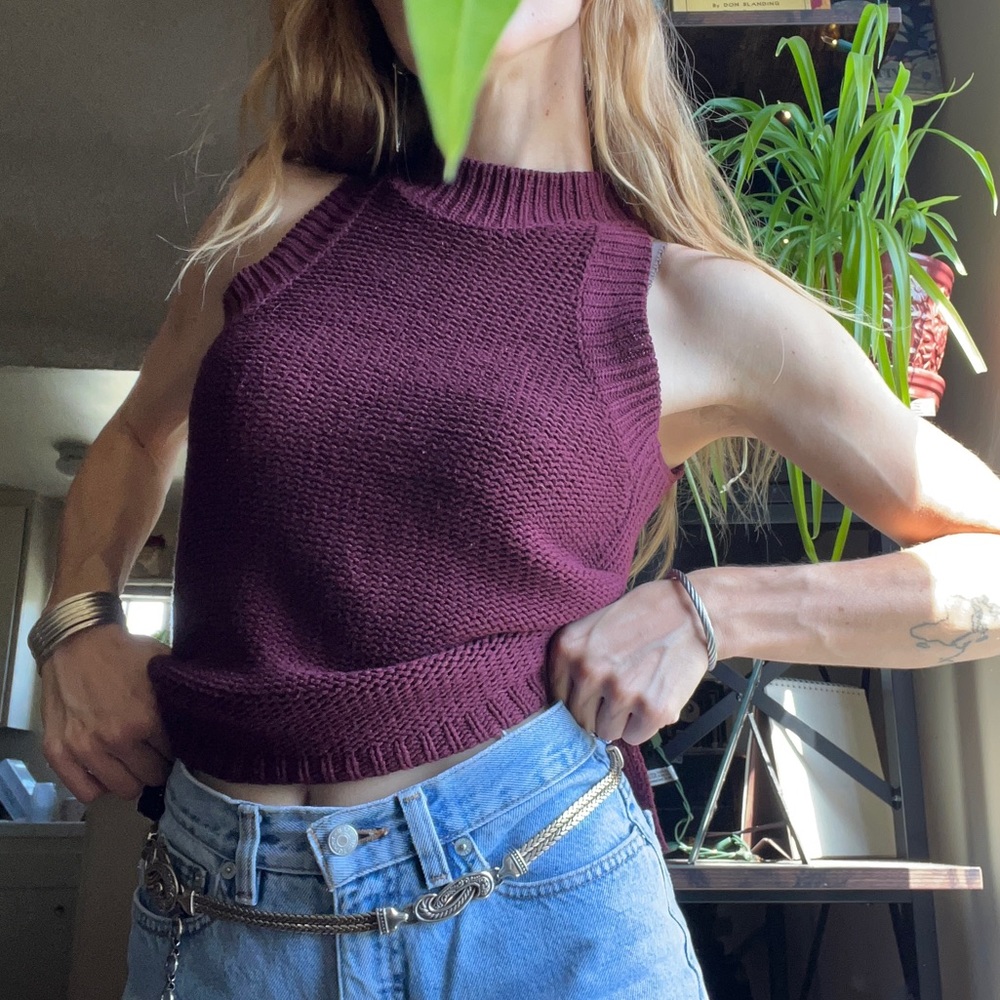 Red Wine Mock Neck Knit Sleeveless Top